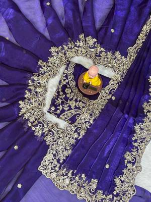 purple color embroidery work fandy satin saree 2