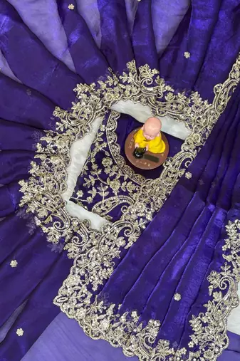 purple color embroidery work fandy satin saree