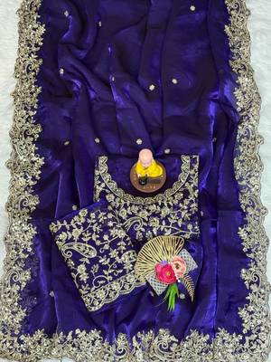 purple color embroidery work fandy satin saree 3