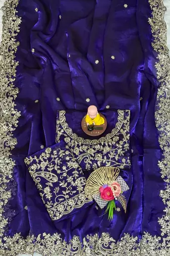 purple color embroidery work fandy satin saree