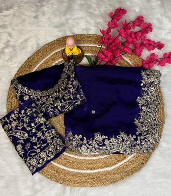 purple color embroidery work fandy satin saree 4