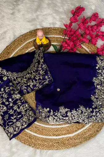 purple color embroidery work fandy satin saree