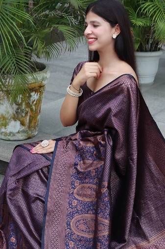 Blue soft silk blend banarasi jacuard work designer party wear saree with unstitched blouse piece