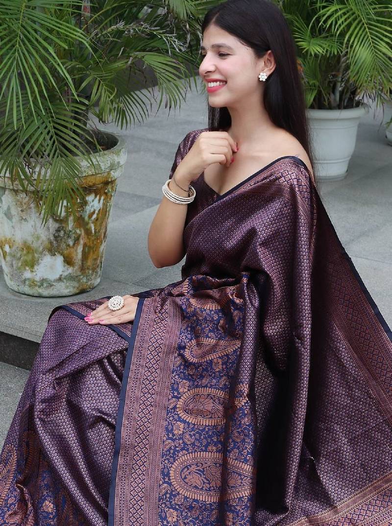 Blue soft silk blend banarasi jacuard work designer party wear saree with unstitched blouse piece