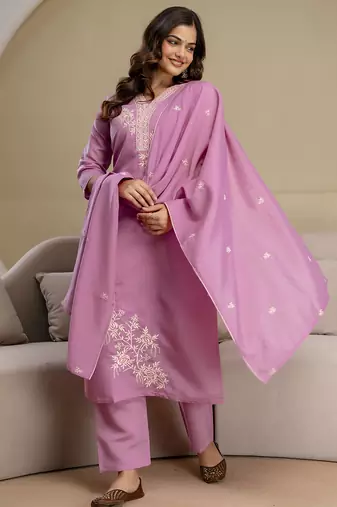 Light pink chanderi thread embroidery readymade suits