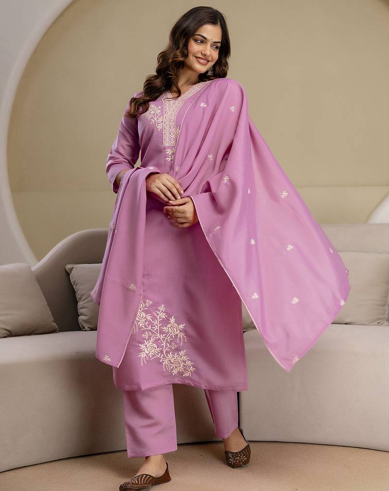 Light pink chanderi thread embroidery readymade suits