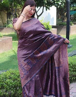 Blue silk blend banarasi saree with unstitched blouse piece 2