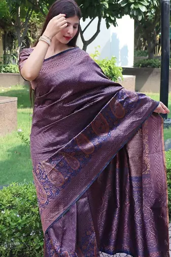 Blue silk blend banarasi saree with unstitched blouse piece