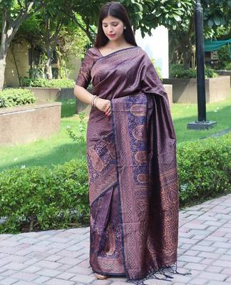 Blue silk blend banarasi saree with unstitched blouse piece 3