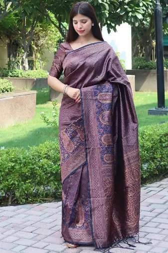 Blue silk blend banarasi saree with unstitched blouse piece