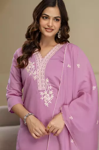 Light pink chanderi thread embroidery readymade suits