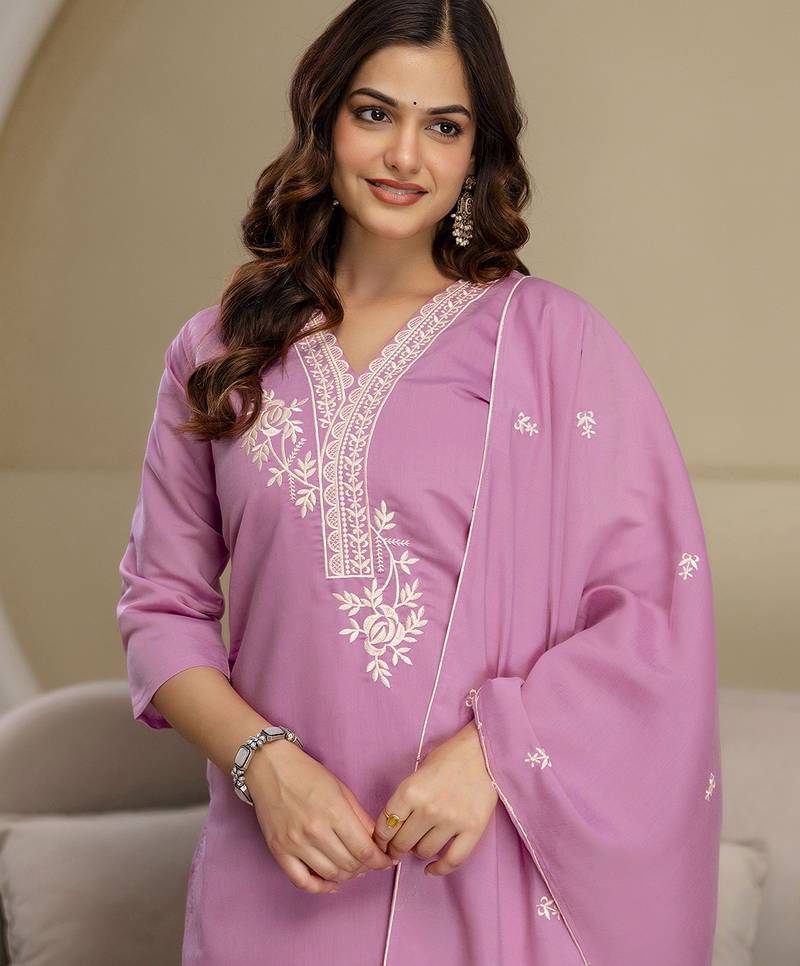 Light pink chanderi thread embroidery readymade suits