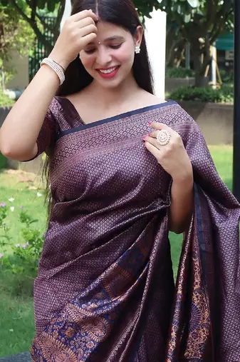 Blue silk blend banarasi saree with unstitched blouse piece