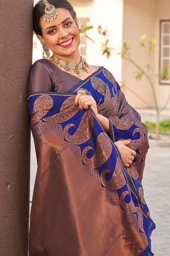 Blue copper soft silk blend banarasi jacuard work designer party wear saree with unstitched blouse piece