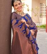 Blue copper soft silk blend banarasi jacuard work designer party wear saree with unstitched blouse piece