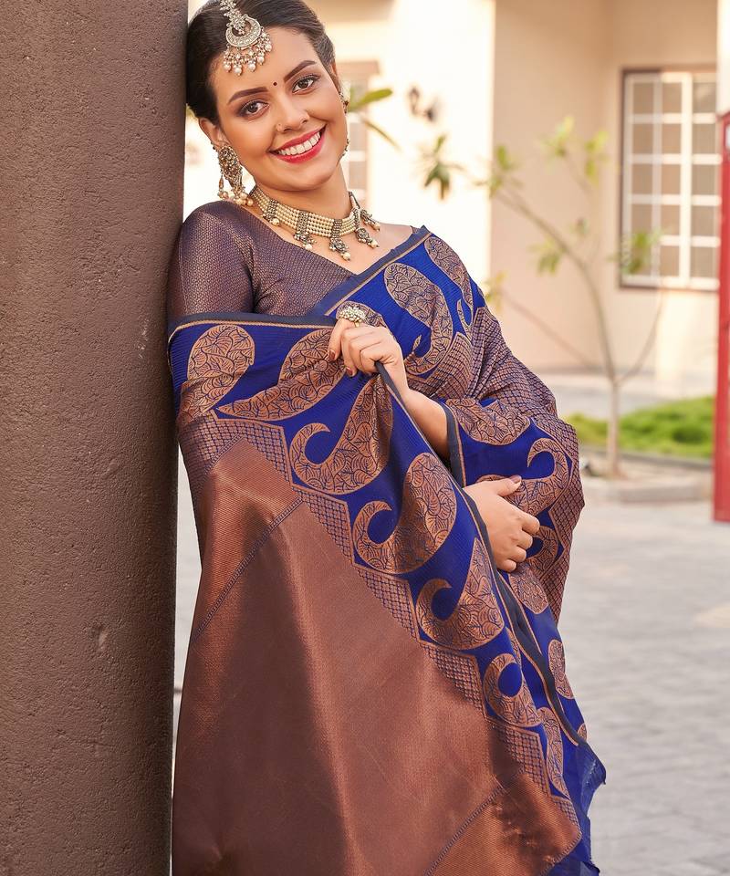 Blue copper soft silk blend banarasi jacuard work designer party wear saree with unstitched blouse piece