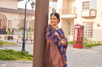 Blue copper silk blend banarasi saree with unstitched blouse piece 2