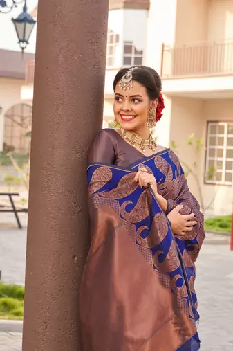 Blue copper silk blend banarasi saree with unstitched blouse piece