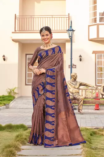 Blue copper silk blend banarasi saree with unstitched blouse piece