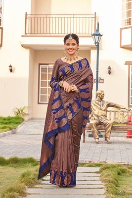 Blue copper silk blend banarasi saree with unstitched blouse piece 4
