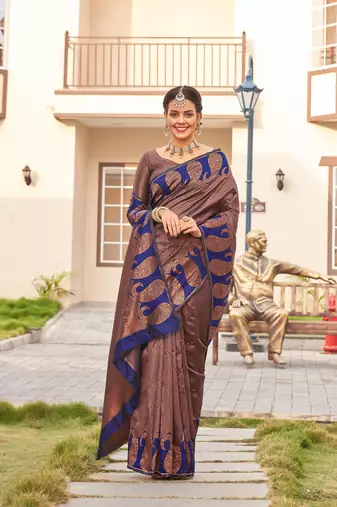 Blue copper silk blend banarasi saree with unstitched blouse piece