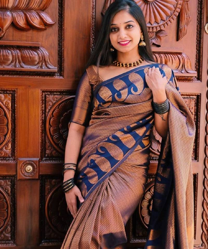 Blue copper soft silk blend banarasi jacuard work designer party wear saree with unstitched blouse piece