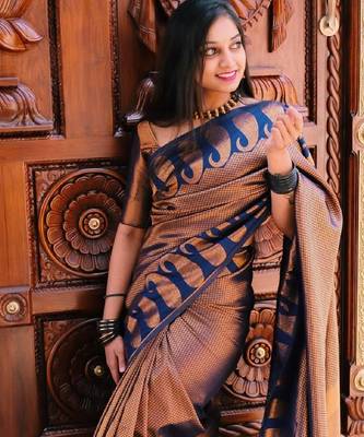 Blue copper silk blend banarasi saree with unstitched blouse piece 2
