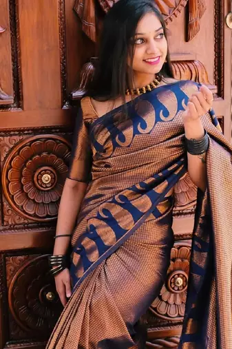 Blue copper silk blend banarasi saree with unstitched blouse piece