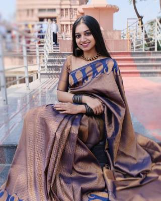 Blue copper silk blend banarasi saree with unstitched blouse piece 3