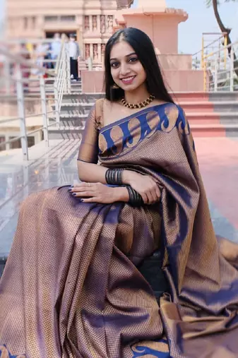 Blue copper silk blend banarasi saree with unstitched blouse piece