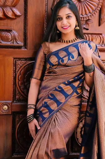 Blue copper silk blend banarasi saree with unstitched blouse piece