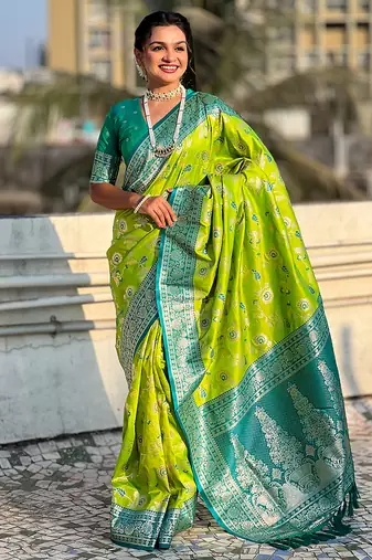 Lime green banarasi silk zari woven saree with contrast blouse piece