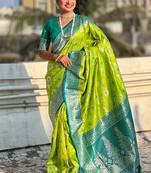 Lime green banarasi silk zari woven saree with contrast blouse piece