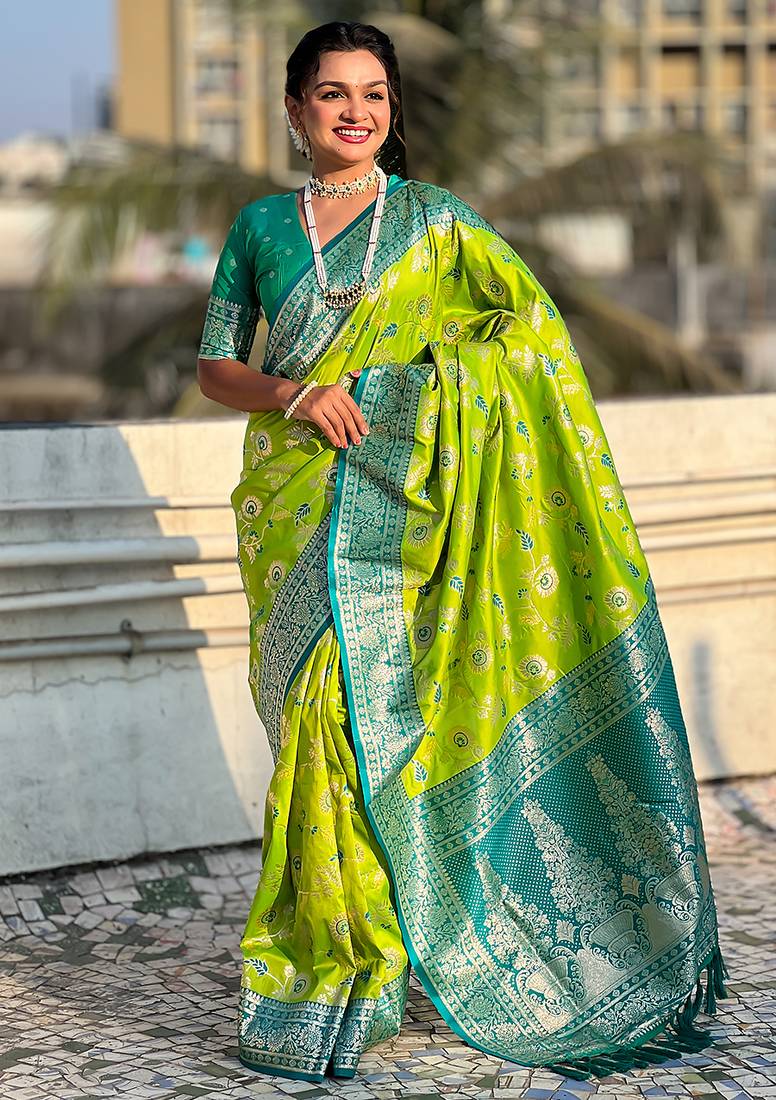 Lime green banarasi silk zari woven saree with contrast blouse piece