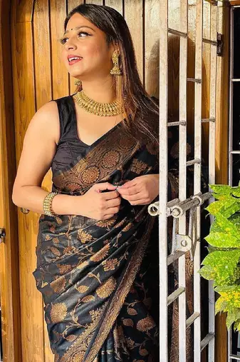 Black soft silk blend banarasi jacuard work designer party wear saree with unstitched blouse piece