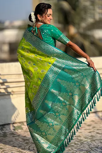 Lime green banarasi silk zari woven saree with contrast blouse piece