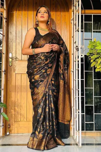 Black silk blend banarasi saree with unstitched blouse piece