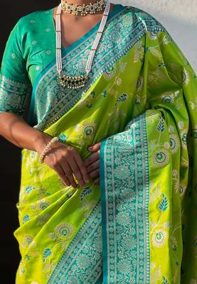 Lime green banarasi silk zari woven saree with contrast blouse piece 3