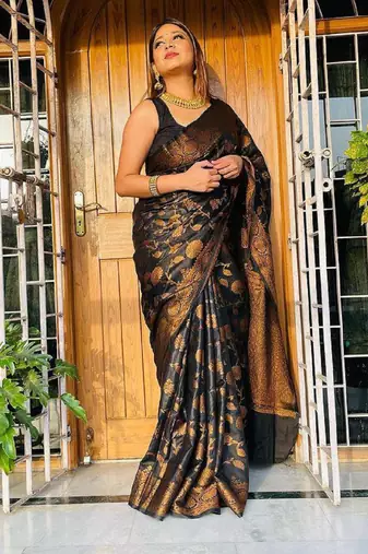 Black silk blend banarasi saree with unstitched blouse piece