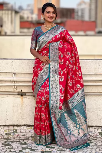 Pink banarasi silk zari woven saree with contrast blouse piece