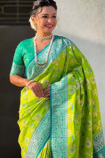 Lime green banarasi silk zari woven saree with contrast blouse piece
