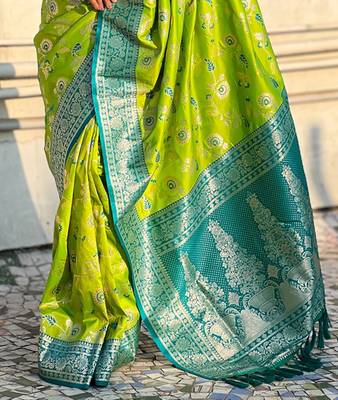 Lime green banarasi silk zari woven saree with contrast blouse piece 5