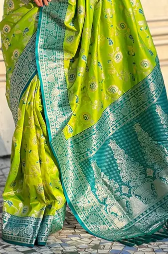 Lime green banarasi silk zari woven saree with contrast blouse piece