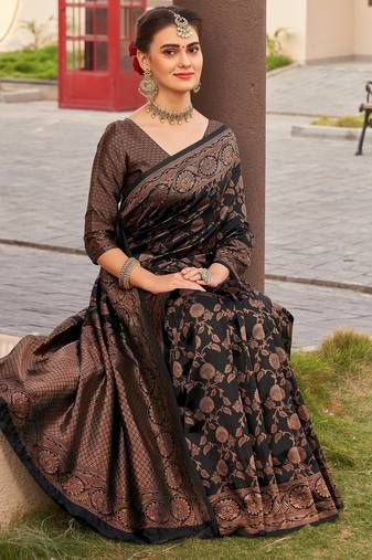 Black soft silk blend banarasi jacuard work designer party wear saree with unstitched blouse piece