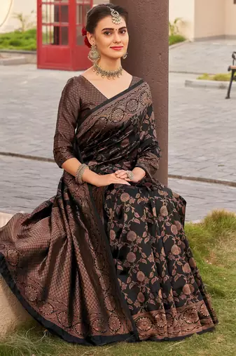 Black soft silk blend banarasi jacuard work designer party wear saree with unstitched blouse piece