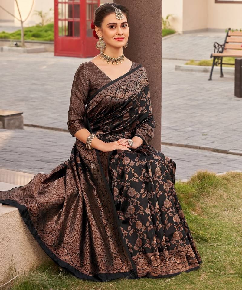 Black soft silk blend banarasi jacuard work designer party wear saree with unstitched blouse piece