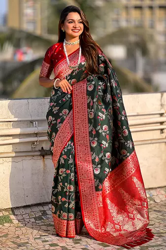 Green banarasi silk zari woven saree with contrast blouse piece