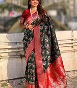 Green banarasi silk zari woven saree with contrast blouse piece