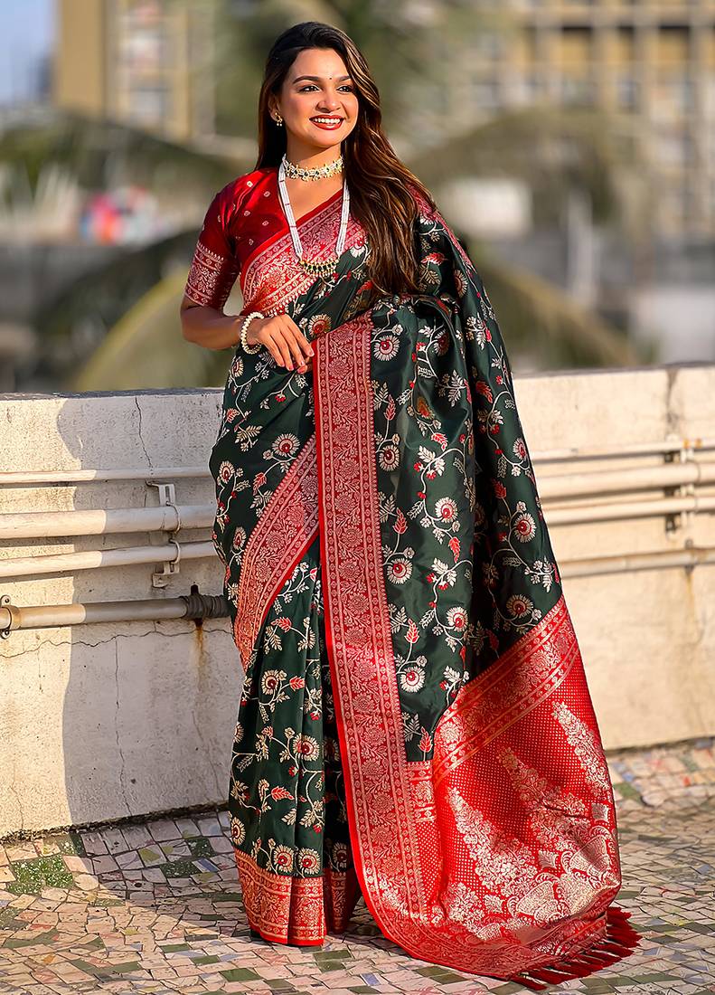 Green banarasi silk zari woven saree with contrast blouse piece