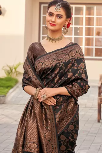 Black silk blend banarasi saree with unstitched blouse piece